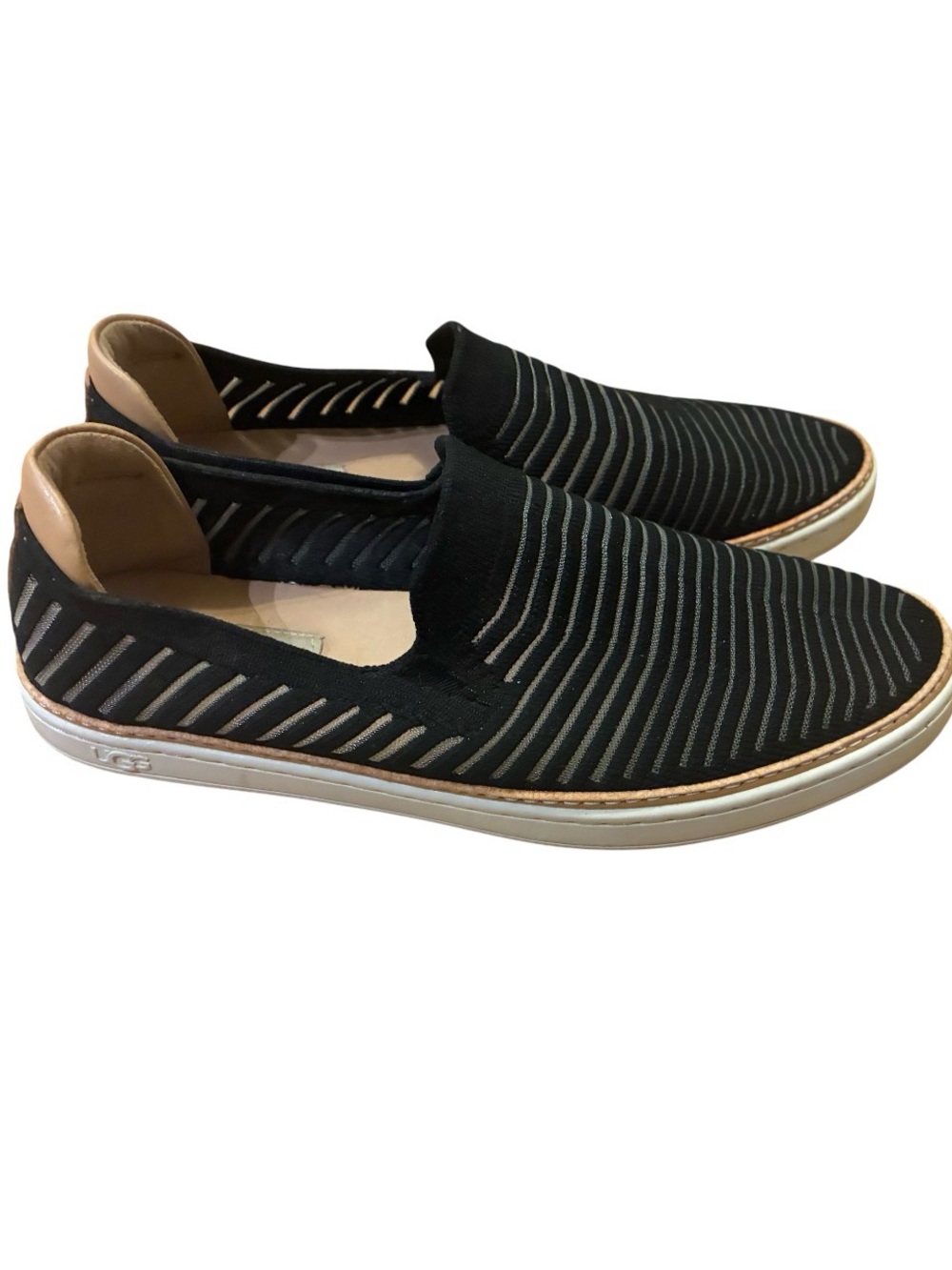 UGG Sz 8 Black Metallic Knit Striped Slip-On Sneakers Leather Trim Shoes Nice!